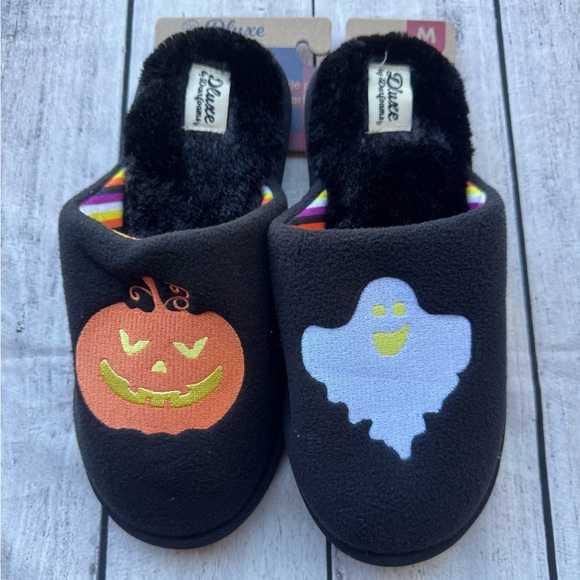 Halloween Dluxe Dearfoam Slippers Ghost Pumpkin Black Faux Fur Medium 7-8 NEW - Picture 1 of 3